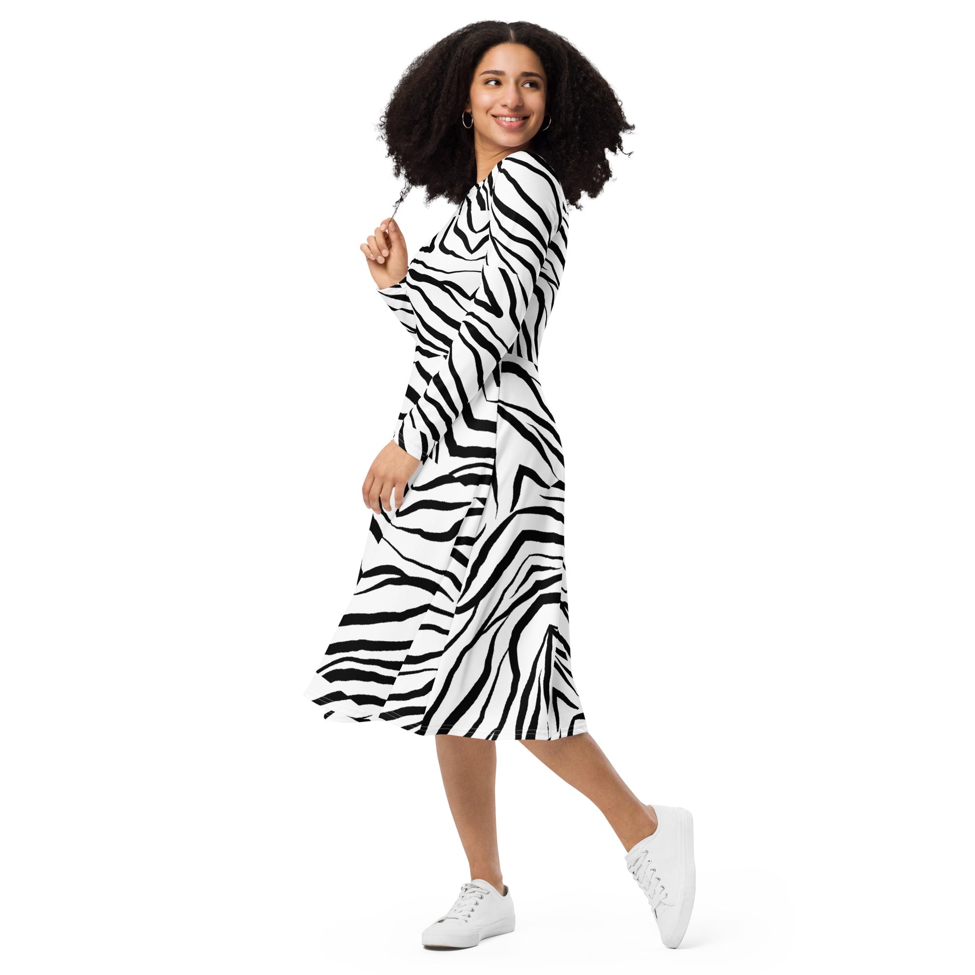 Striped Zebra Vibrance Women's Long Sleeve Midi Dress - FLAKOUT